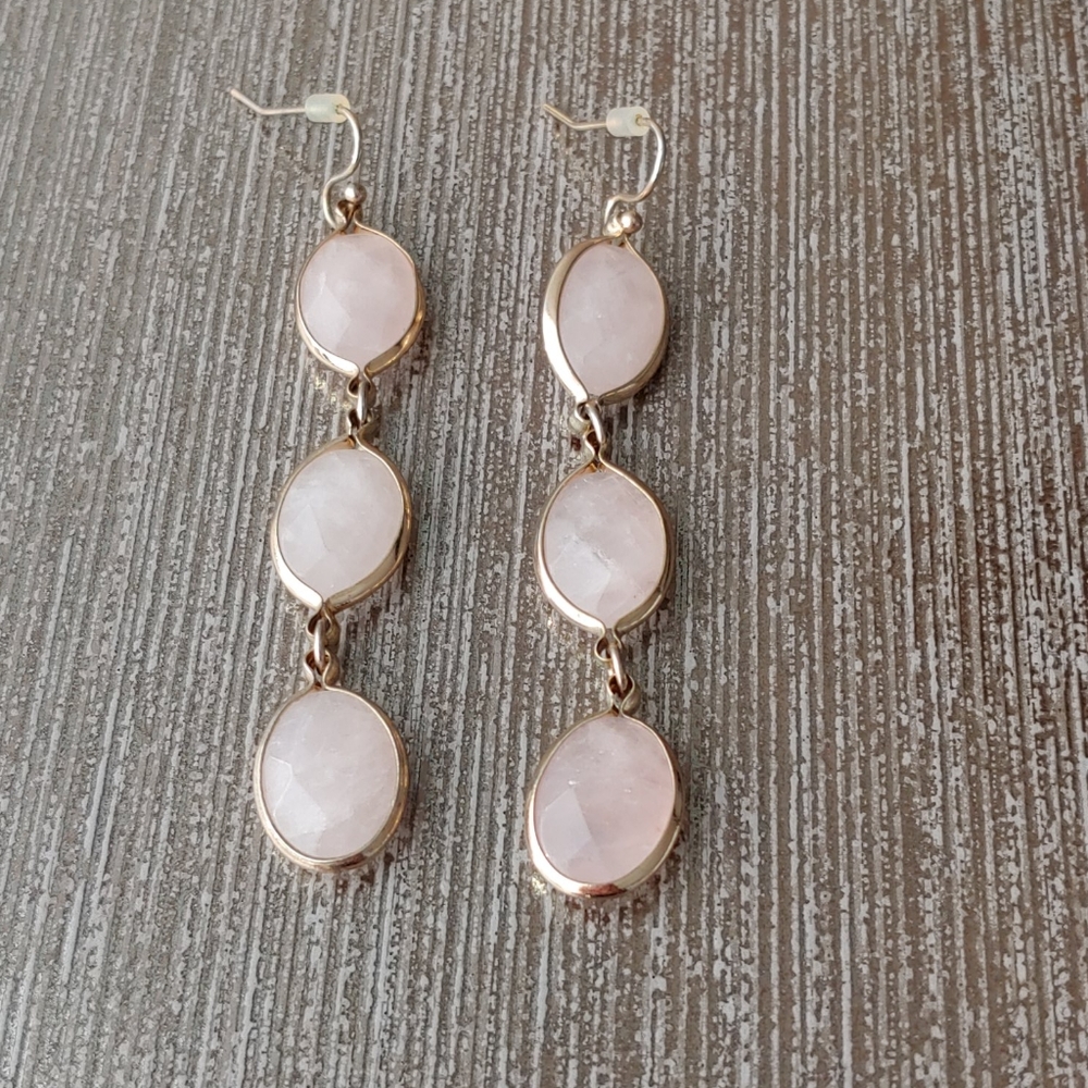 Rose quartz and gold trim drop earrings